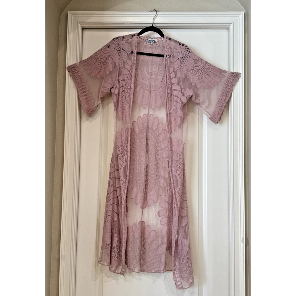Rebellion Again Open Sheer Cardigan Duster SZ M Lace Boho Dusty Rose Long Fairy
